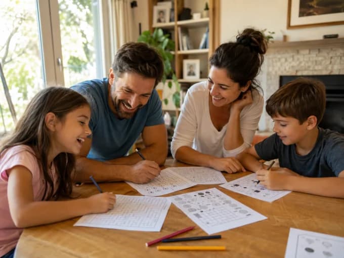 Two parents and two children laughing around a dining table, each filling in a printed puzzle sheet with a pencil