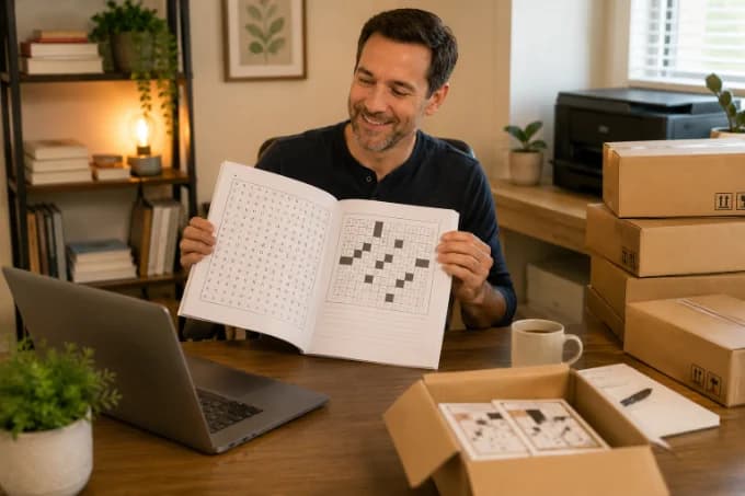 A man at a home office desk holding open a printed puzzle book, with stacked shipping boxes and a printer behind him