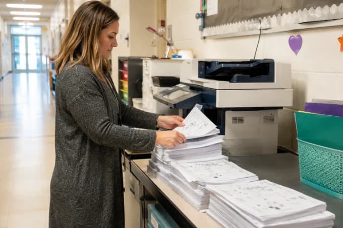 A teacher in a school corridor sorting freshly copied worksheet packets into stacks beside a photocopier