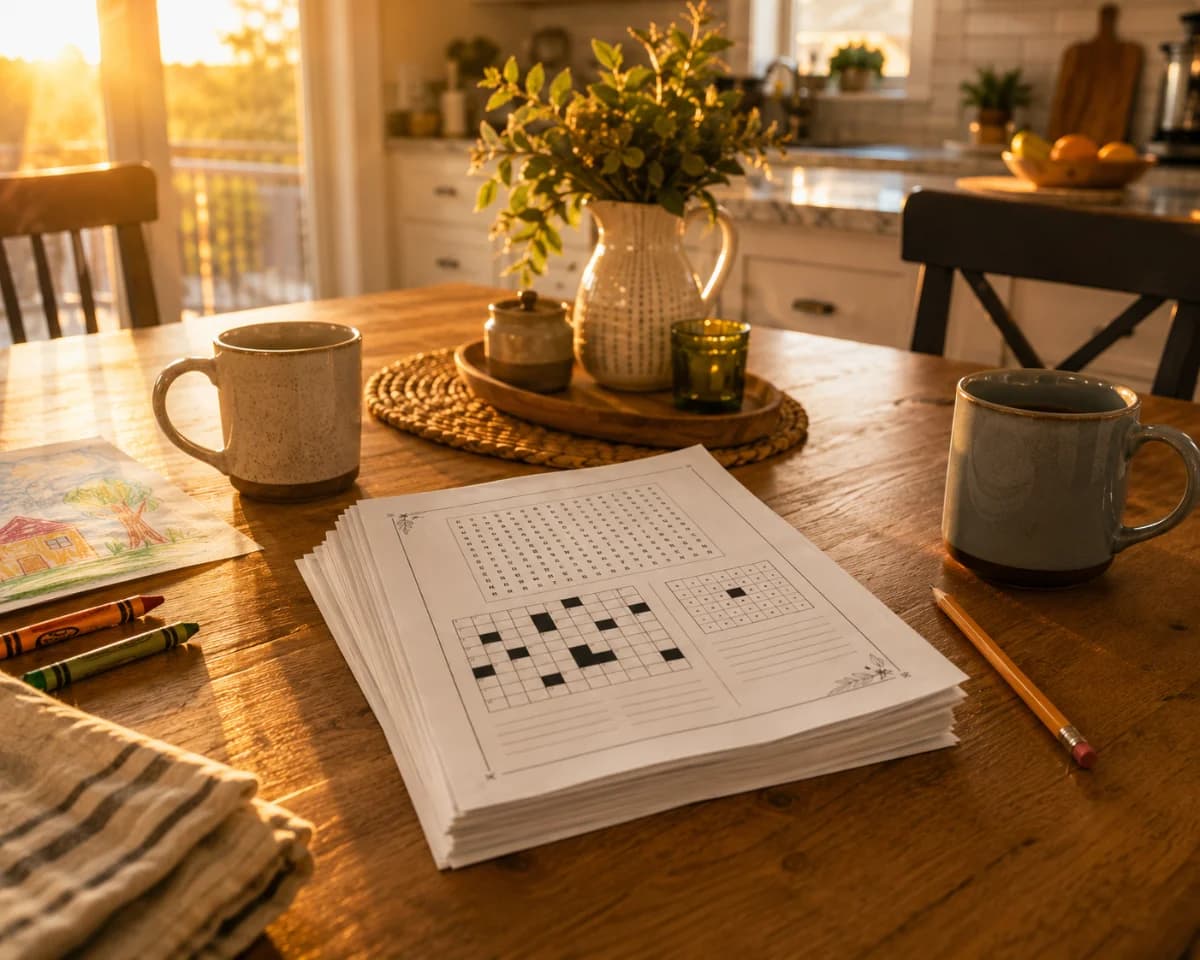 A thick stack of printed puzzle sheets on a kitchen table in evening light, with two mugs, a pencil and loose crayons