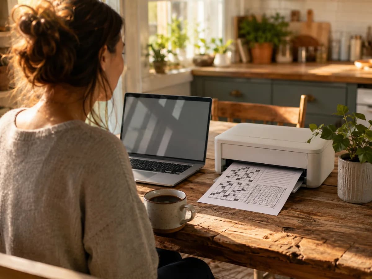 A woman at a sunlit kitchen table with a laptop and a mug of coffee, watching a desktop printer feed out a printed crossword and sudoku sheet