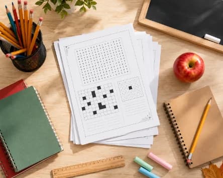 Printed puzzle worksheets on a desk surrounded by pencils, notebooks, chalk, a wooden ruler and an apple