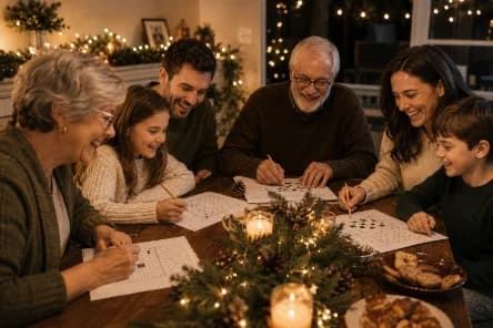 Three generations of a family filling in printed puzzle sheets by candlelight, at a table decorated with pine and fairy lights