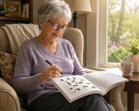 An older woman in an armchair by a window, filling in a large-print crossword book with a pen