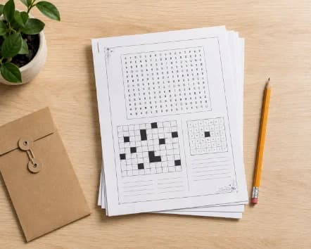 A stapled stack of printed puzzle worksheets on a wooden desk, beside a sharpened pencil and a kraft envelope