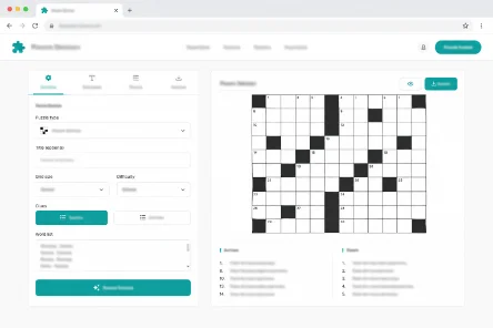 A browser window showing the crossword maker, with the settings panel on the left and a finished grid and clue list on the right