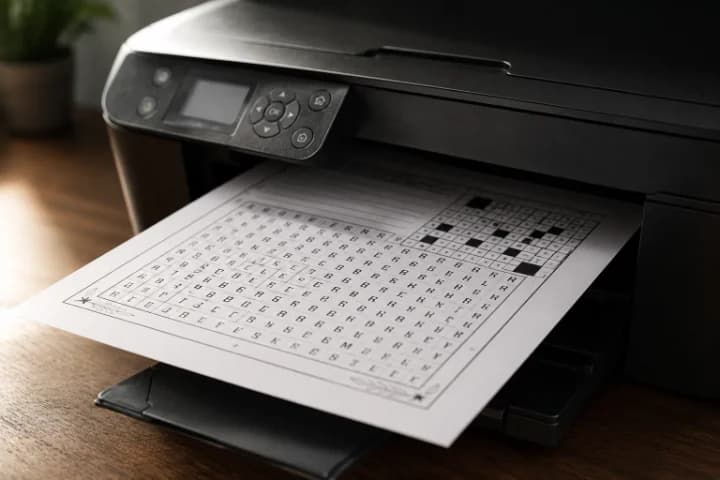 A desktop printer feeding out a sheet printed with a word search and a crossword grid