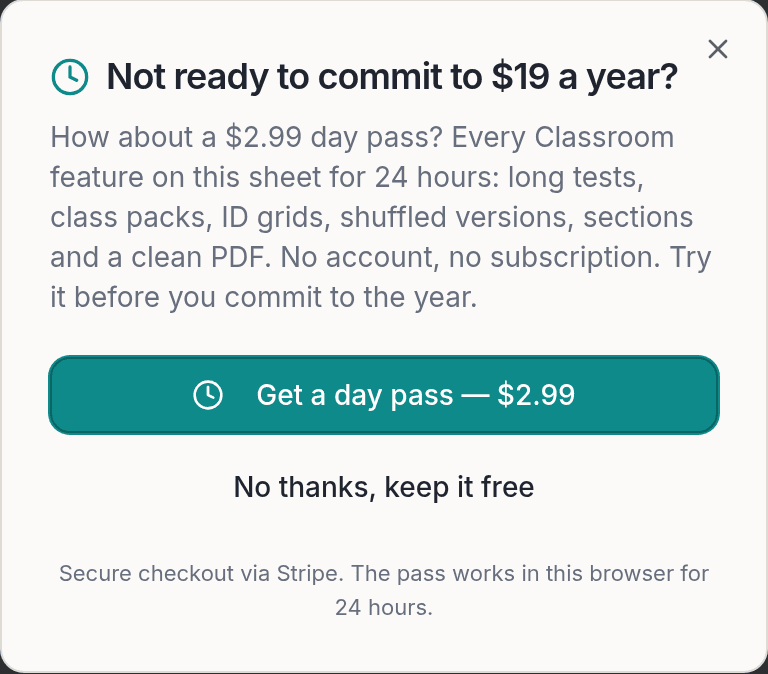 Answer Sheet Day Pass: Every Classroom Feature for $2.99