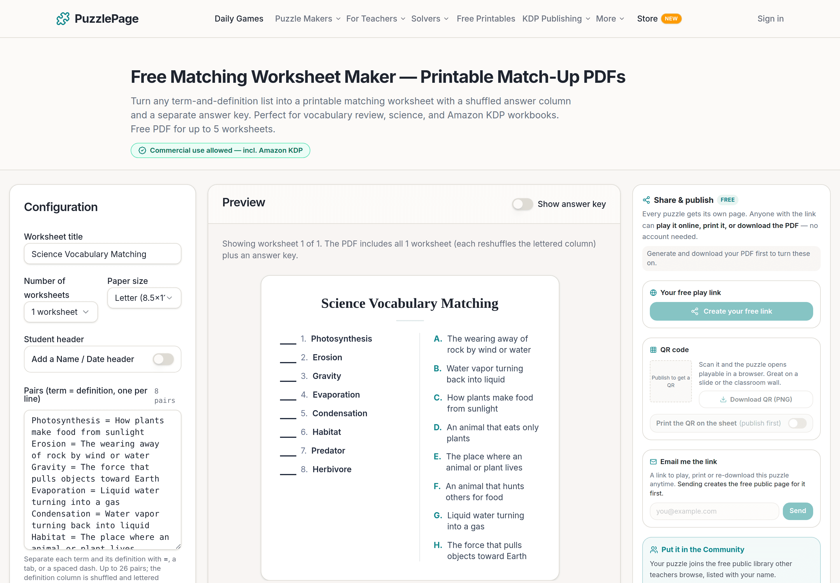 Matching Worksheet Maker for Vocabulary Review, Free PDF