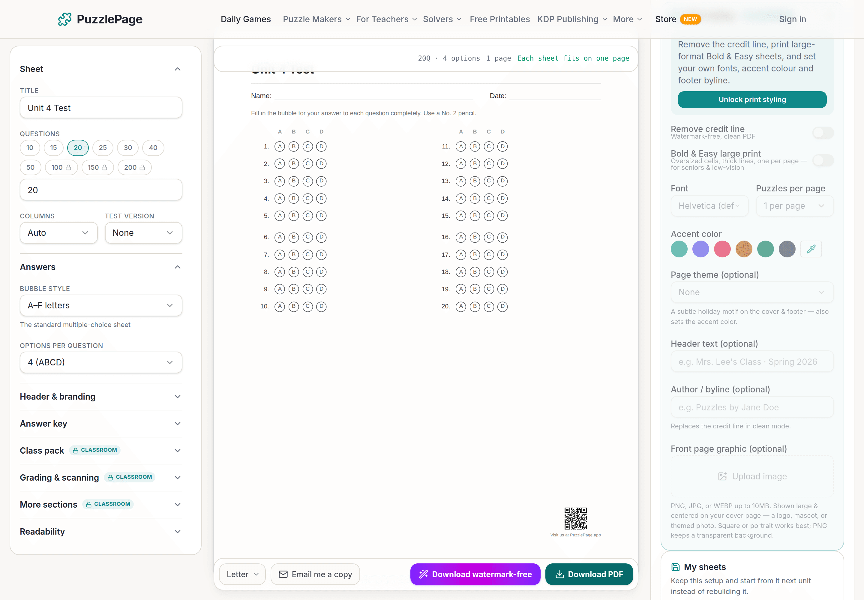 PuzzlePage Bubble Sheet Studio showing a printable multiple-choice answer sheet and its settings