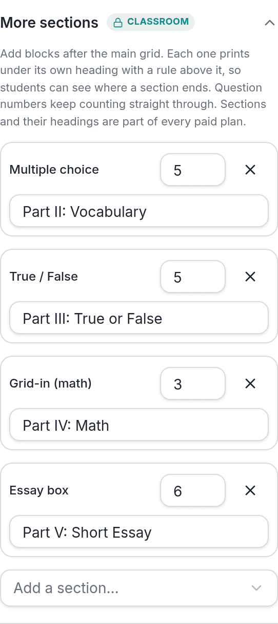 Answer Sheet With Multiple Sections on One Printed Form