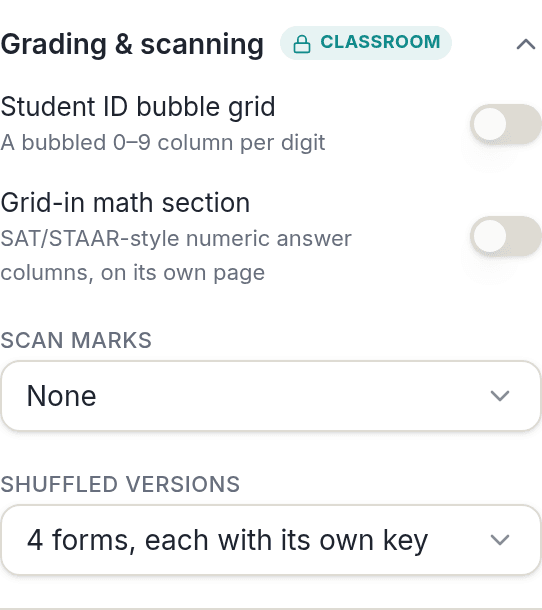 Multiple Versions of a Test With Answer Keys, Forms A to D