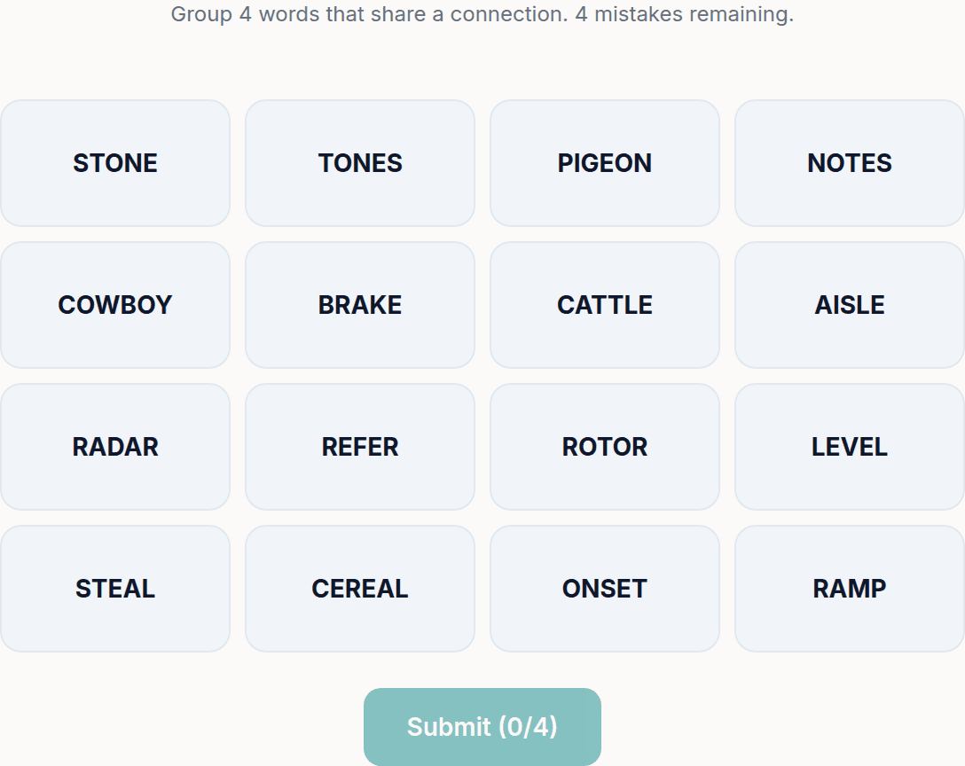 A PuzzlePage Connections board of sixteen words to sort into four groups