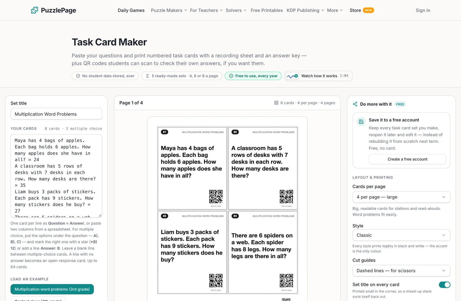 Free Task Card Maker: Printable Task Cards With QR Codes