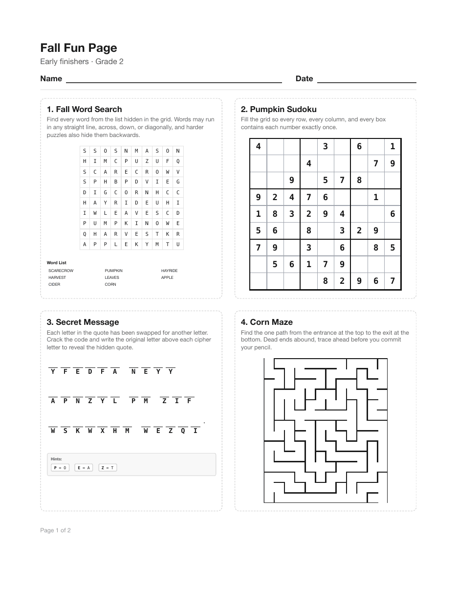Early Finisher Activities: Printable Puzzles That Work