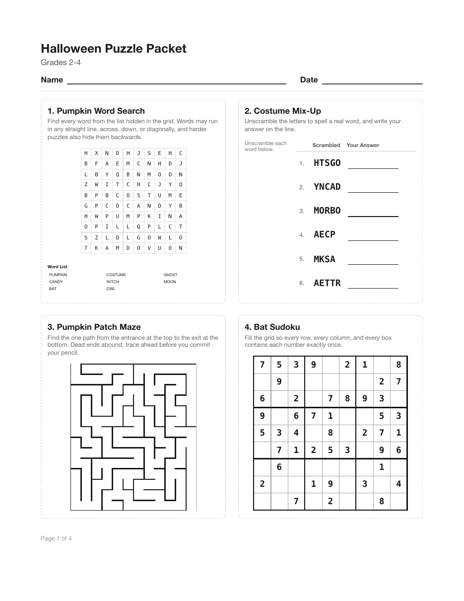 Halloween Puzzle Worksheet: A Printable Party Packet