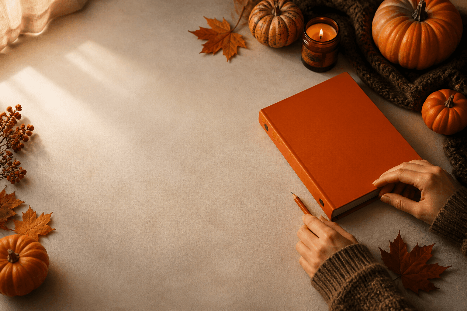 An autumn activity table with pumpkins, pencils and an open workspace.