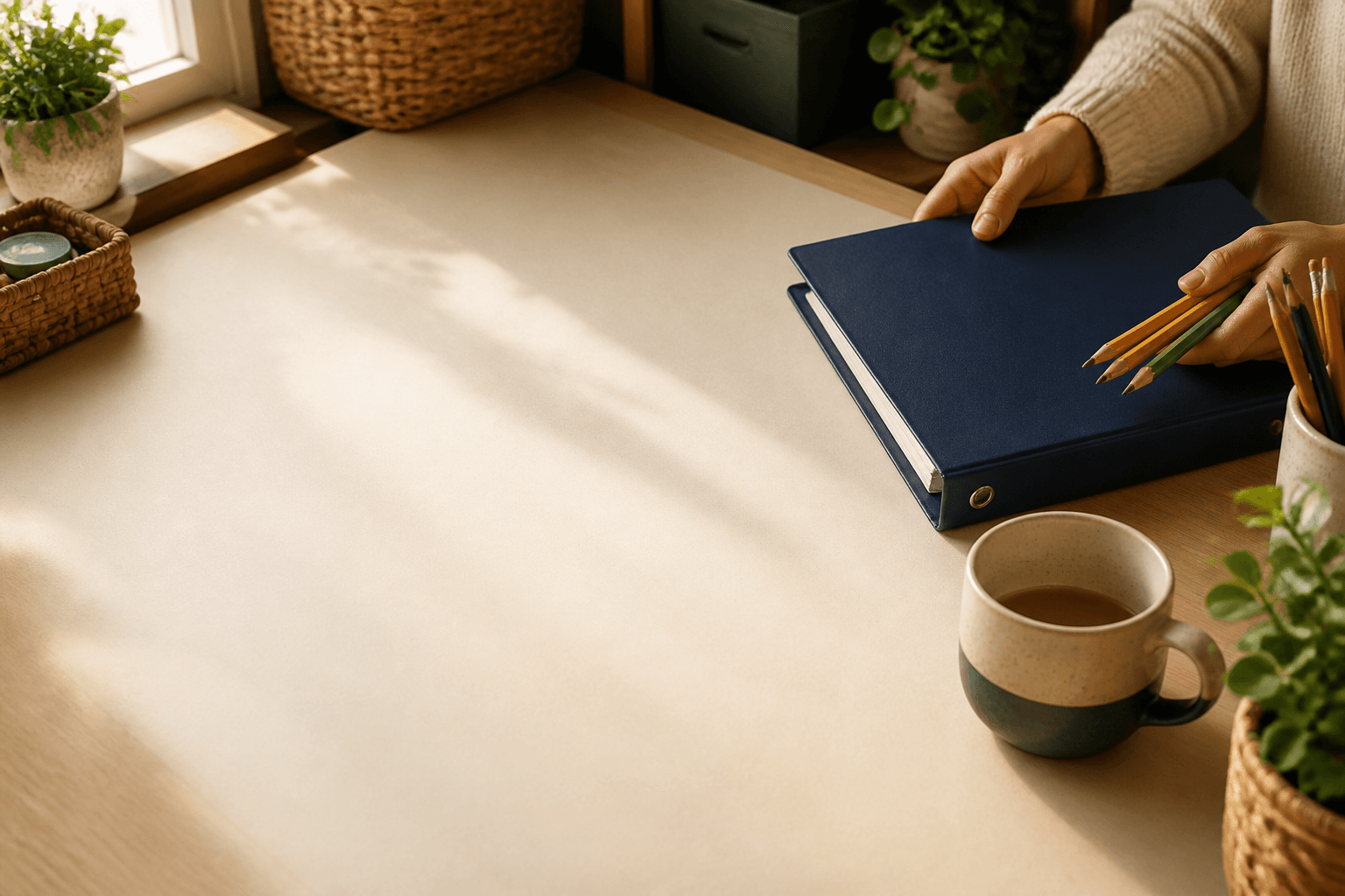 A teacher preparing a welcoming classroom activity at a sunlit desk.