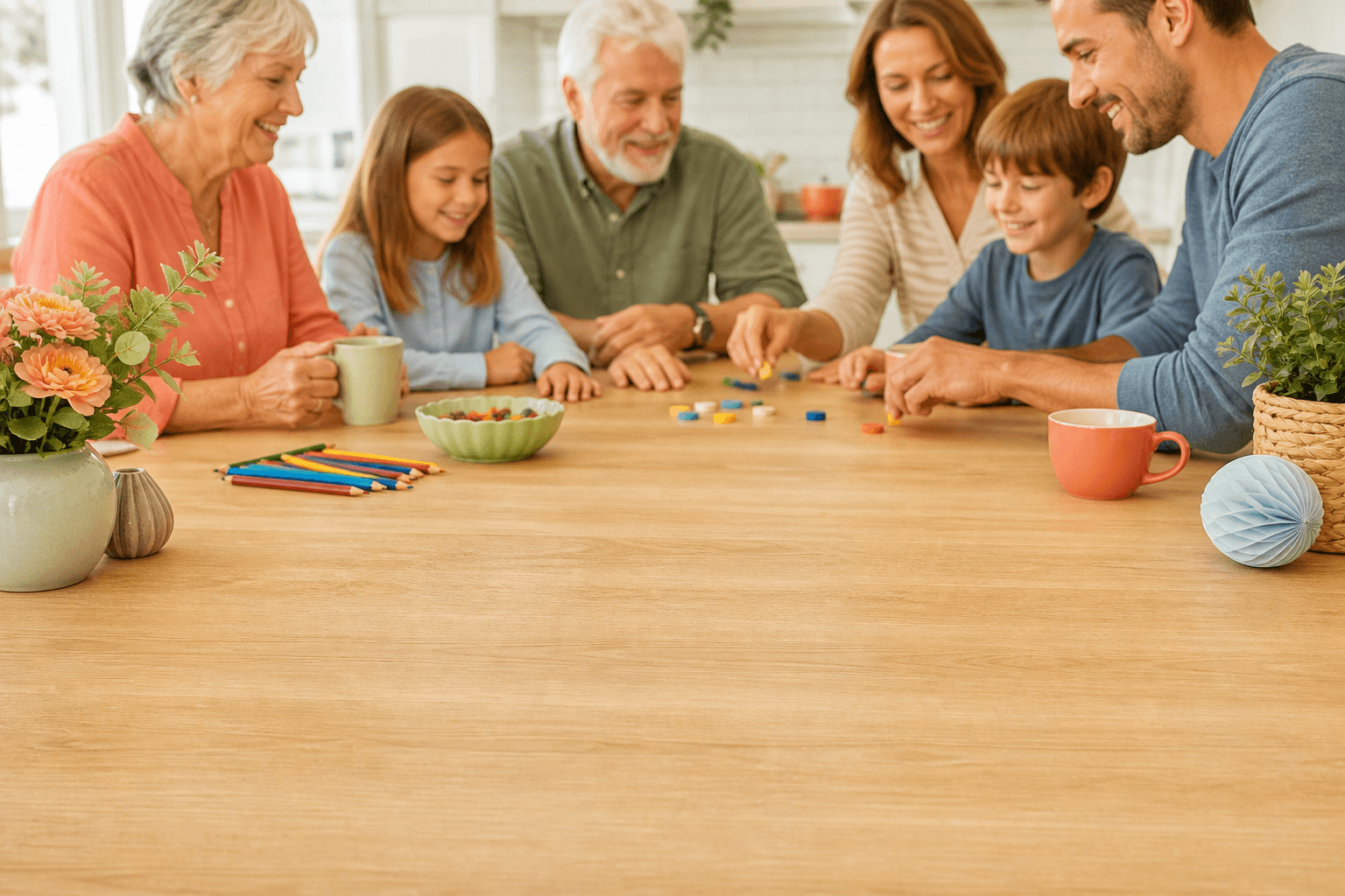 A multigenerational family gathered around a bright activity table.