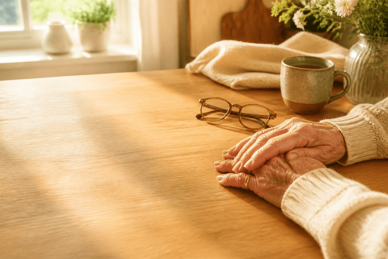 An older adult enjoying a calm activity at a bright kitchen table.
