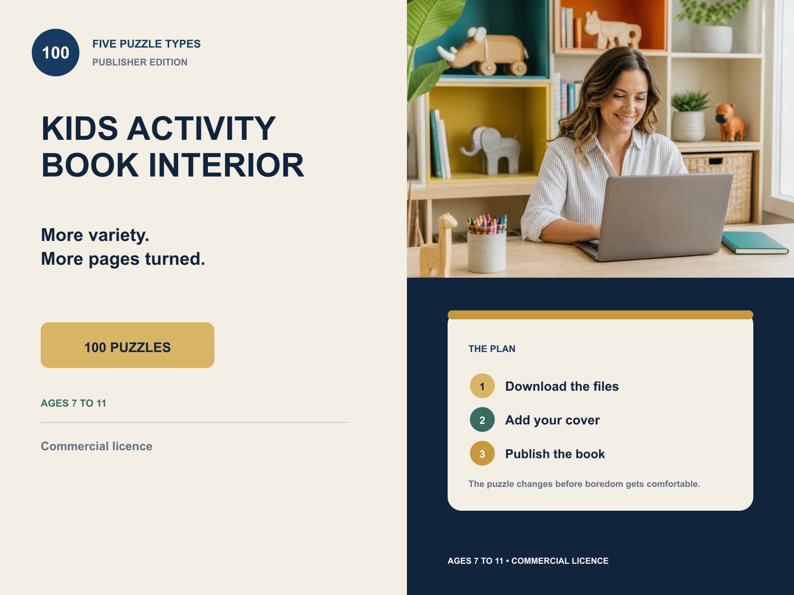 kids activity book interior editorial product overview with product-specific lifestyle photography and key facts.