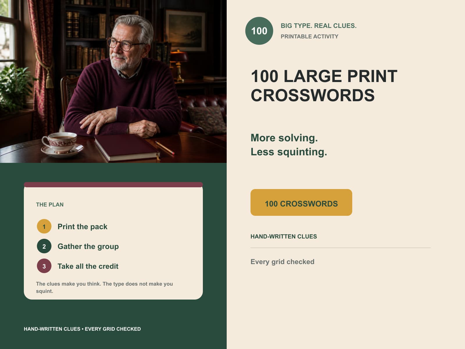 large print crosswords 100 editorial product overview with product-specific lifestyle photography and key facts.