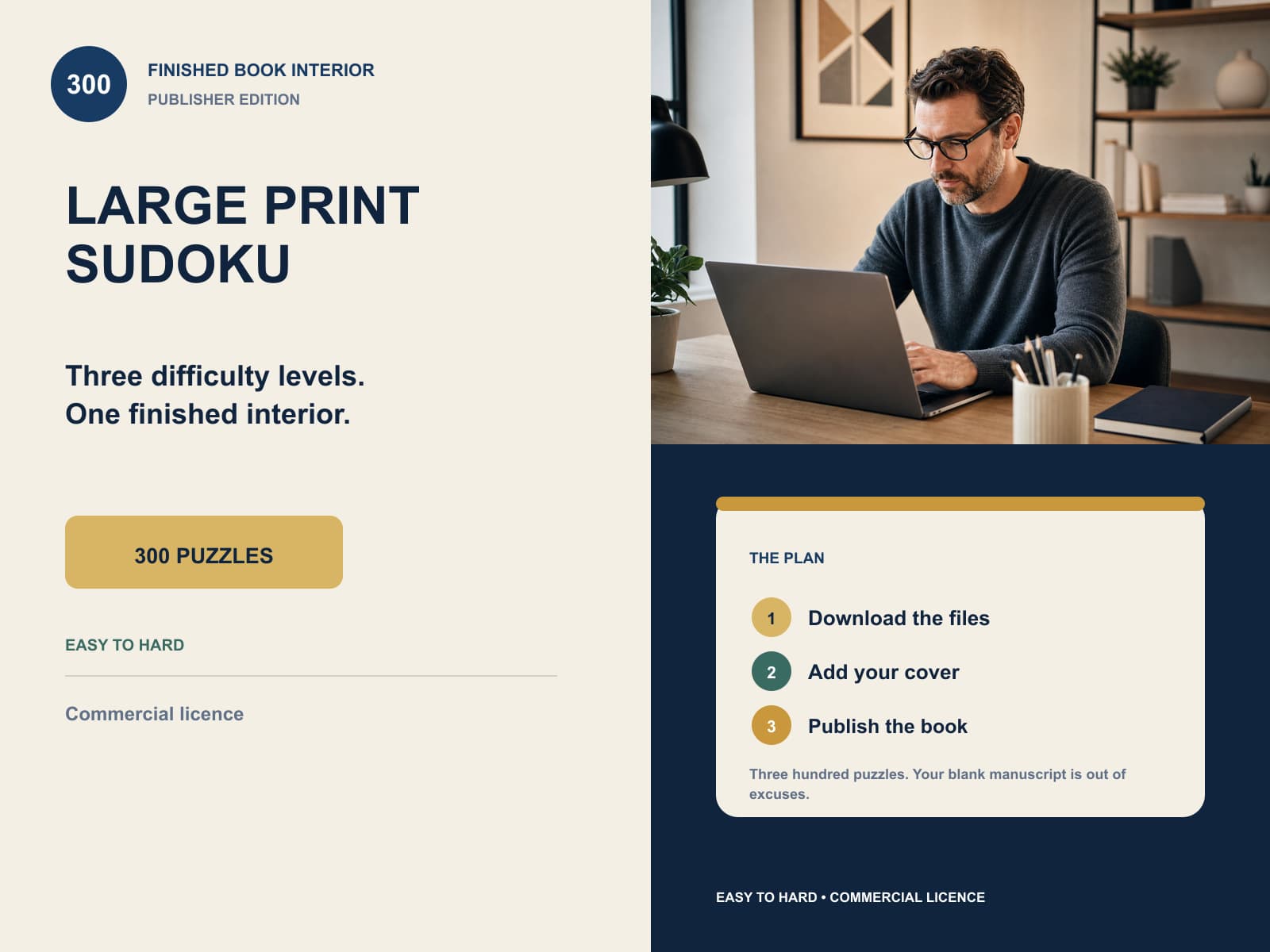 large print sudoku interior editorial product overview with product-specific lifestyle photography and key facts.