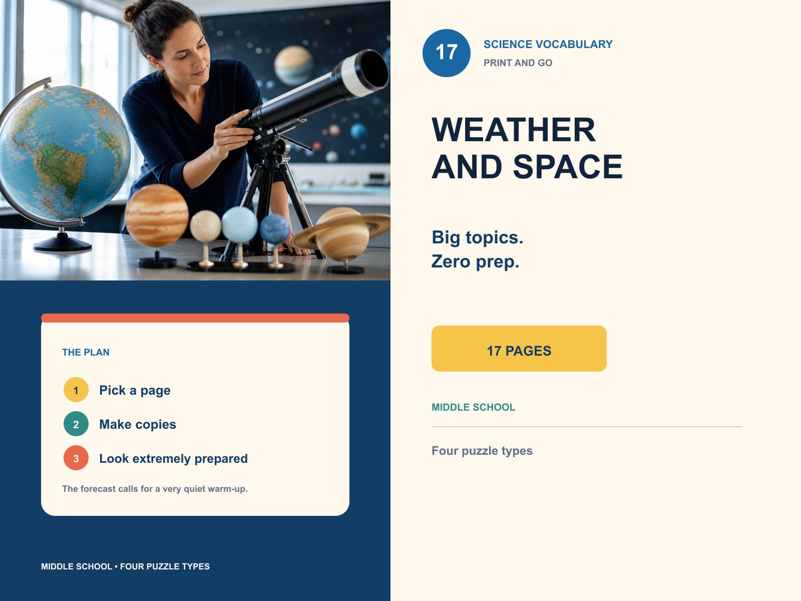 science vocab weather and space editorial product overview with product-specific lifestyle photography and key facts.