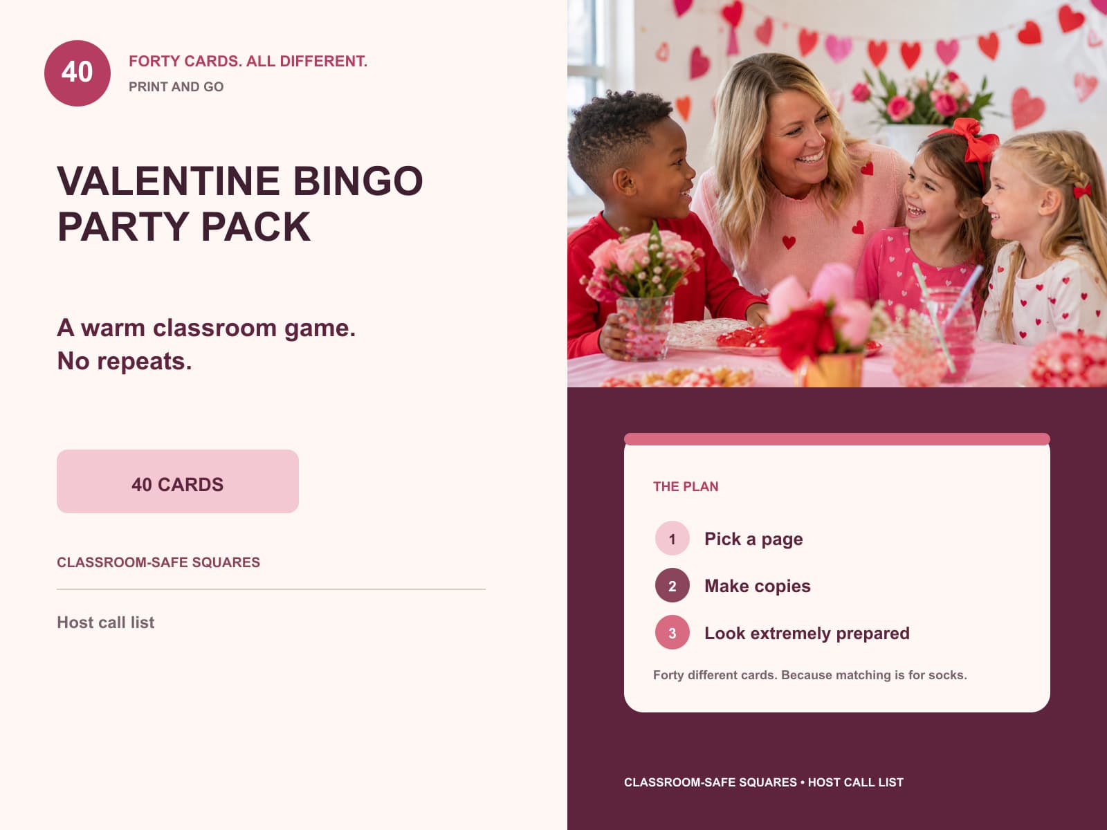 valentine bingo party pack editorial product overview with product-specific lifestyle photography and key facts.