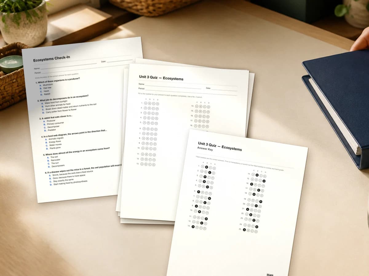 A six-question Ecosystems Check-In quiz, a class set of 25-question bubble answer sheets and the answer key with the correct bubbles filled in, laid out on a classroom desk.