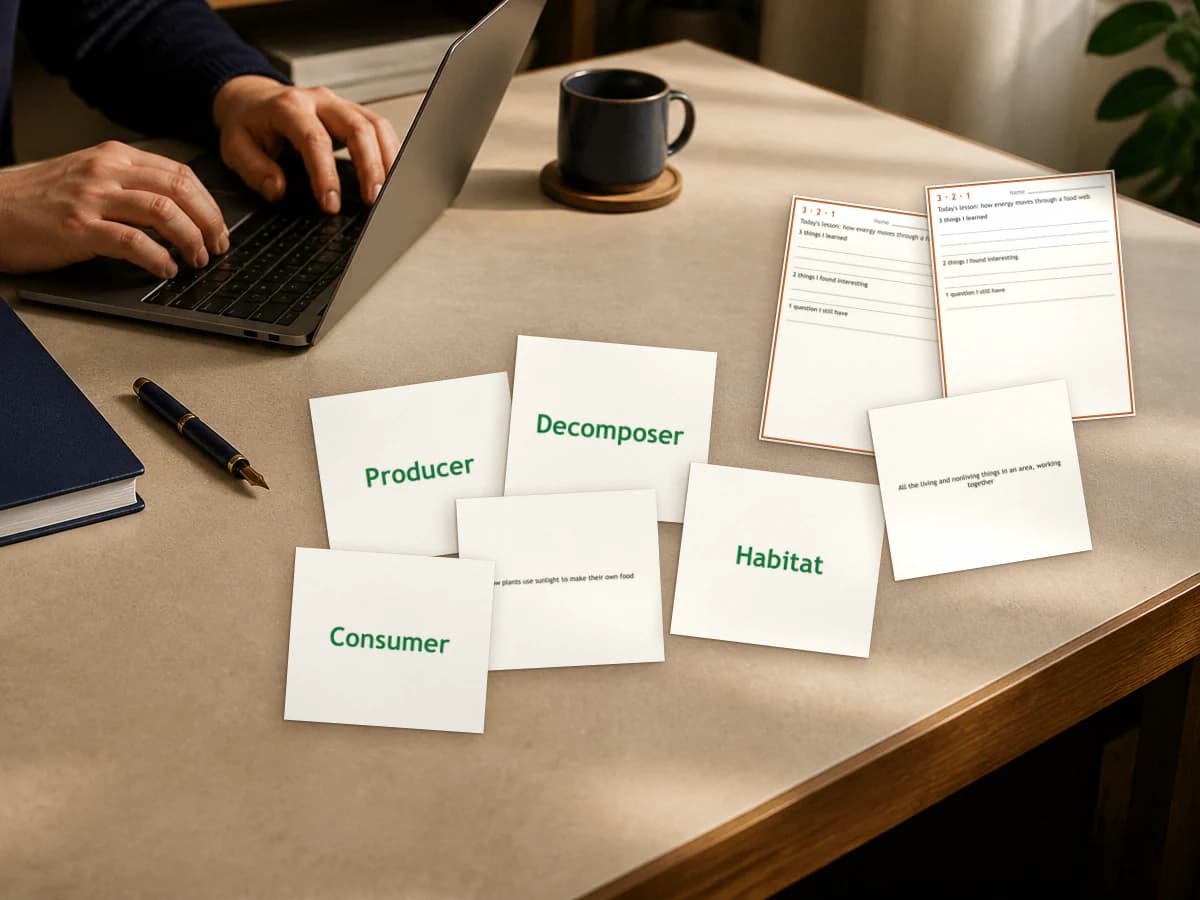 Cut-apart vocabulary flash cards (Producer, Decomposer, Consumer, Habitat, with two cards flipped to show definitions) and two 3-2-1 exit ticket slips on a desk.