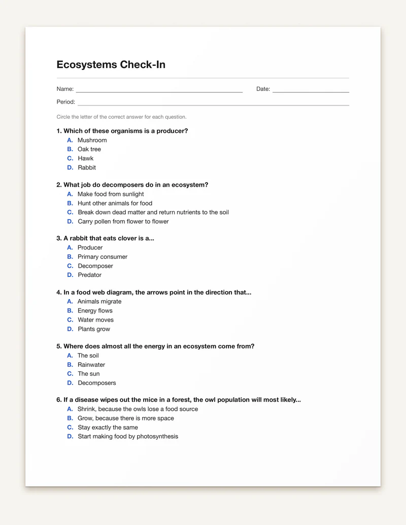 Ecosystems Check-In quiz with Name, Date and Period lines and six multiple-choice questions about producers, decomposers, food webs and energy.