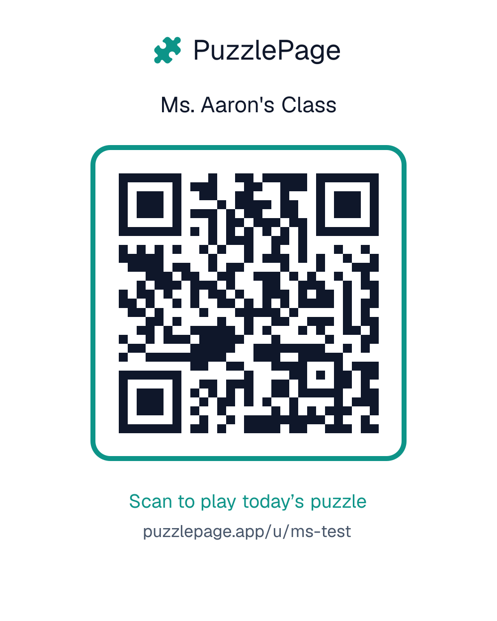 A branded PuzzlePage QR code card linking to a creator's public puzzle page