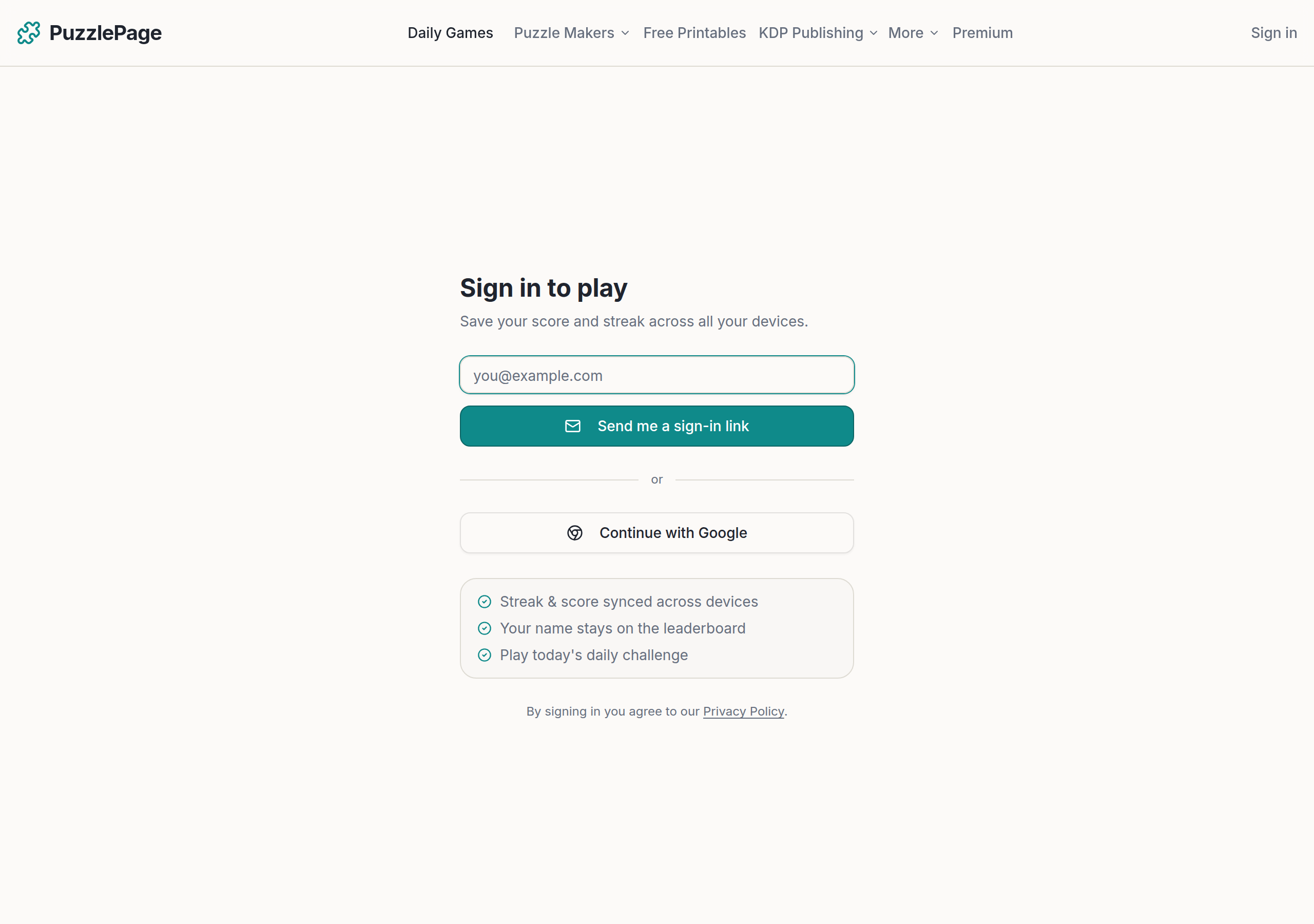 PuzzlePage sign-in screen with a one-time email magic link and Google sign-in