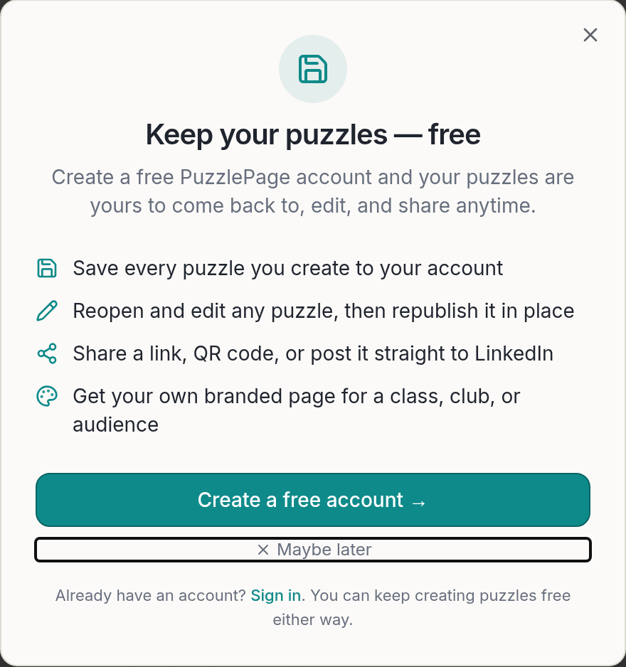 PuzzlePage pop-up inviting you to create a free account to save, edit, and share your puzzles