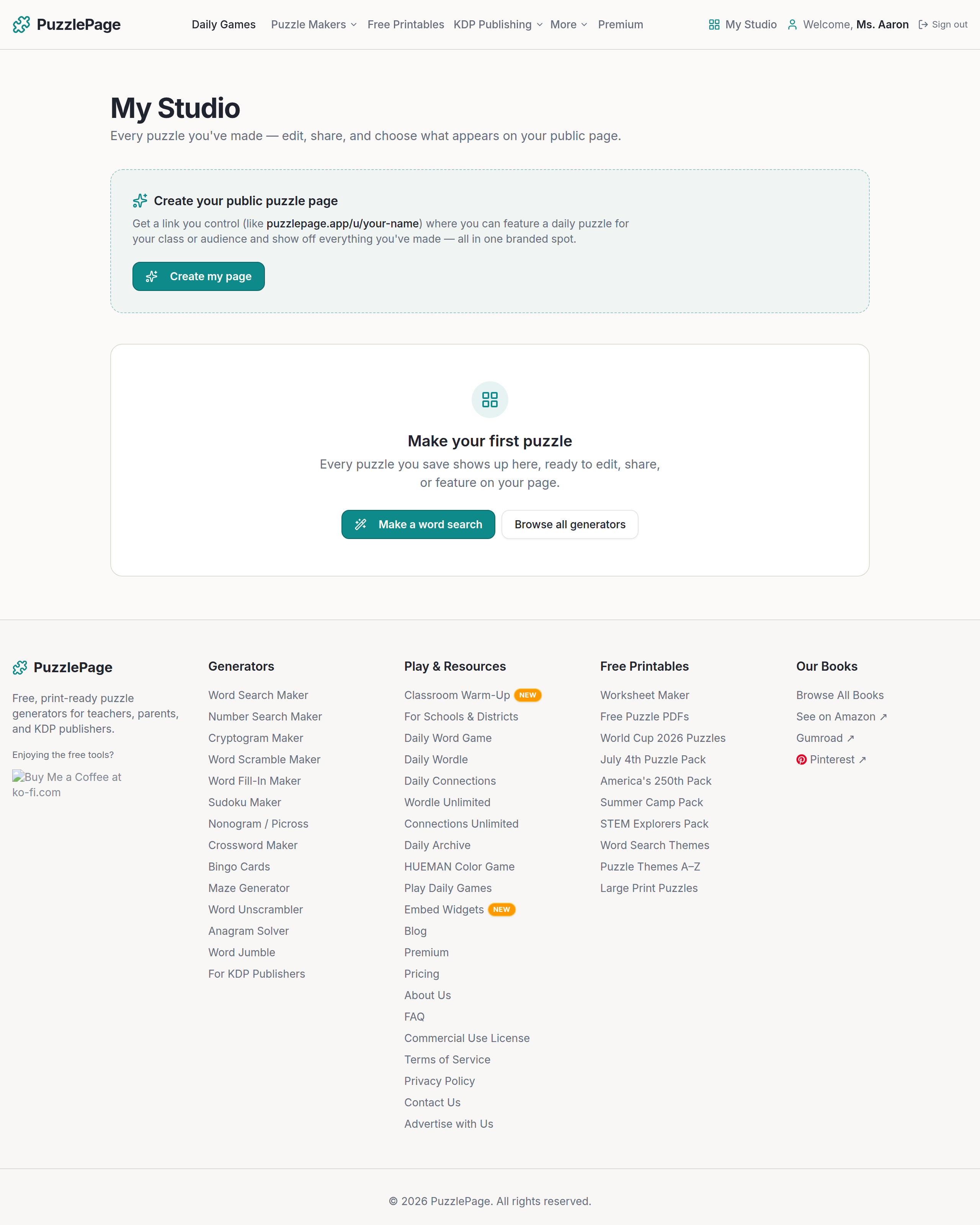 My Studio dashboard showing where saved puzzles live and a Create my page banner