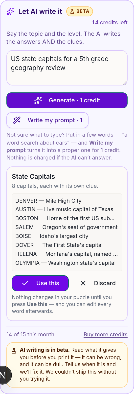 ai crossword maker panel in PuzzlePage drafting eight state capital answers with a matching clue for each one