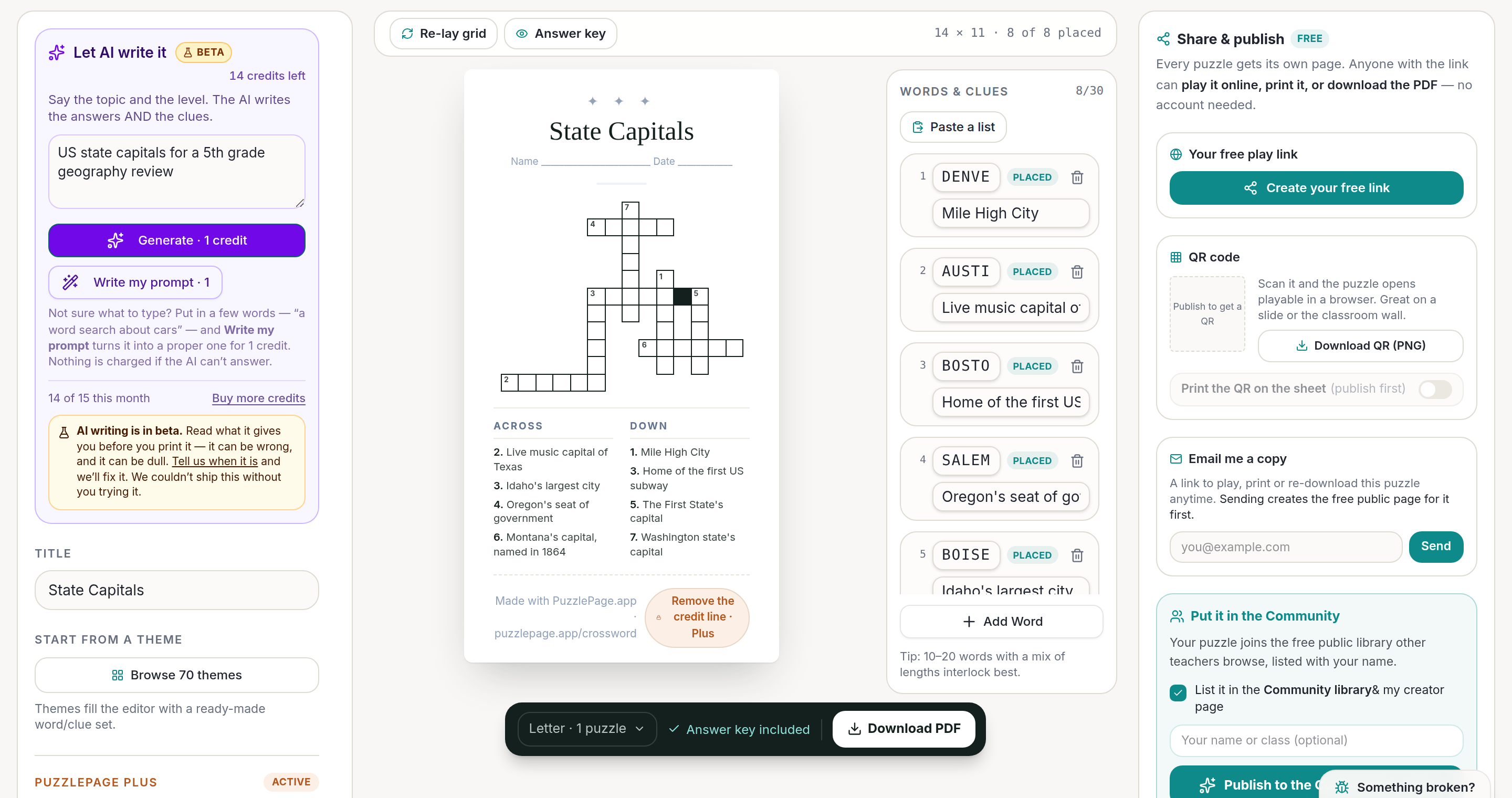 printable crossword puzzle worksheet made with the ai crossword maker showing eight state capitals placed with numbered across and down clues