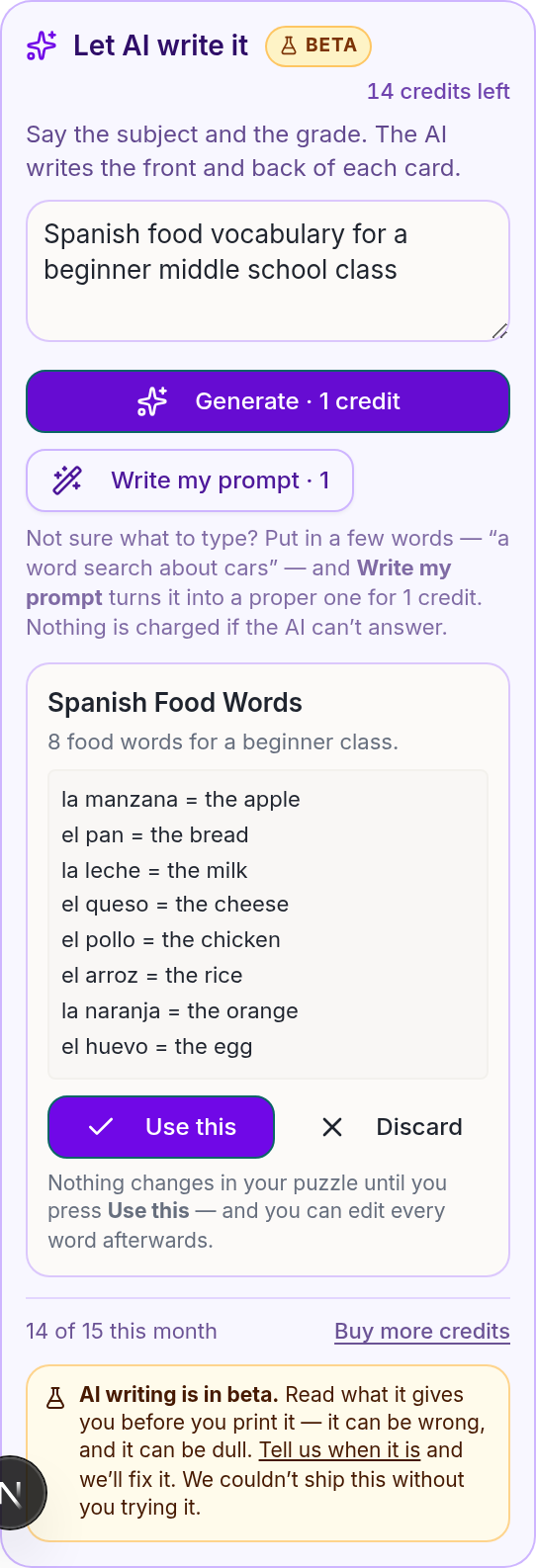 ai flash card maker panel in PuzzlePage drafting a Spanish food vocabulary deck with a front and back for every card