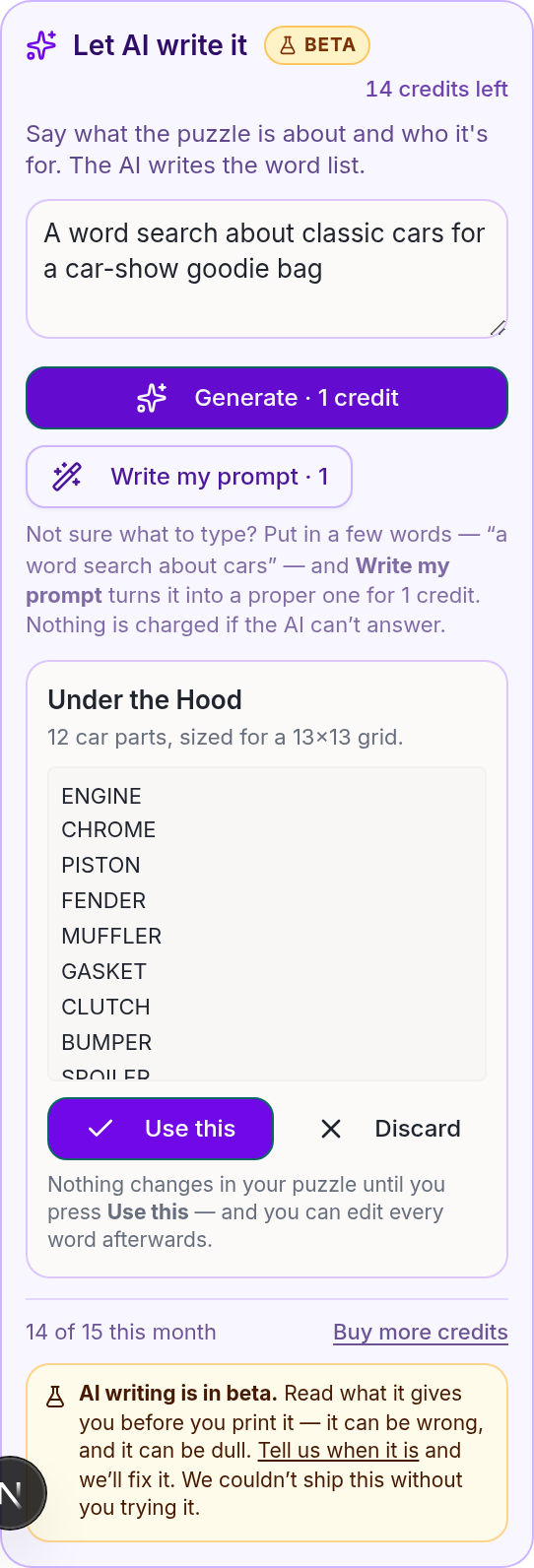 ai word search generator panel in the PuzzlePage word search maker showing a car themed word list drafted from one sentence