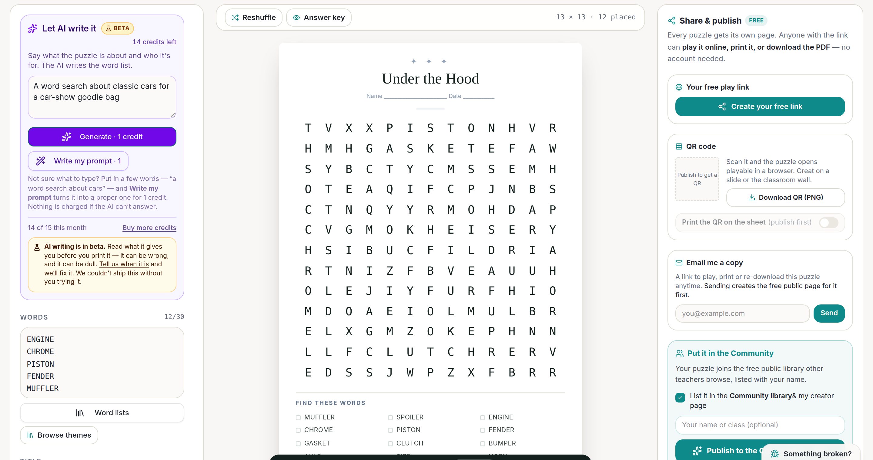 printable word puzzle grid generated by the ai word search generator with twelve car parts placed in a 13x13 classroom worksheet