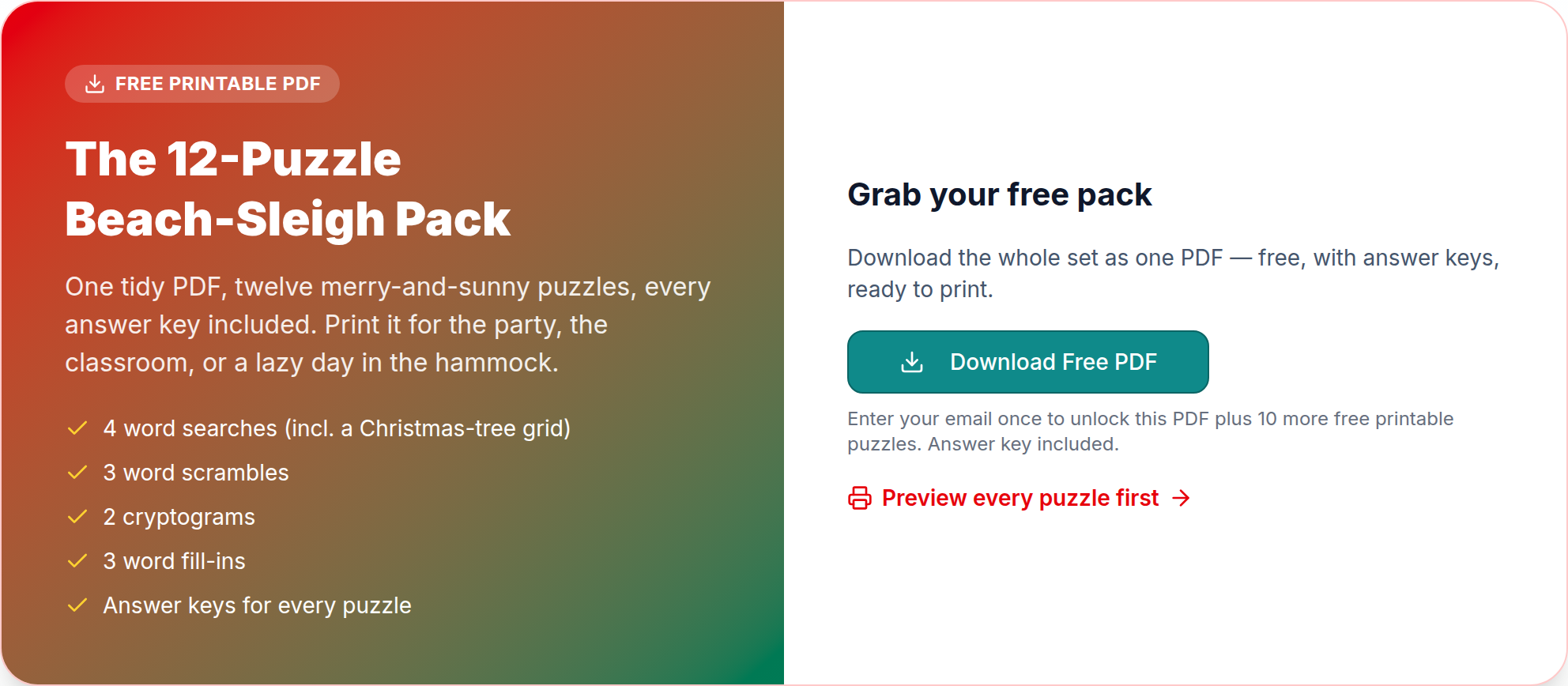 free printable christmas in july puzzle pack with 12 festive puzzles and answer keys from PuzzlePage