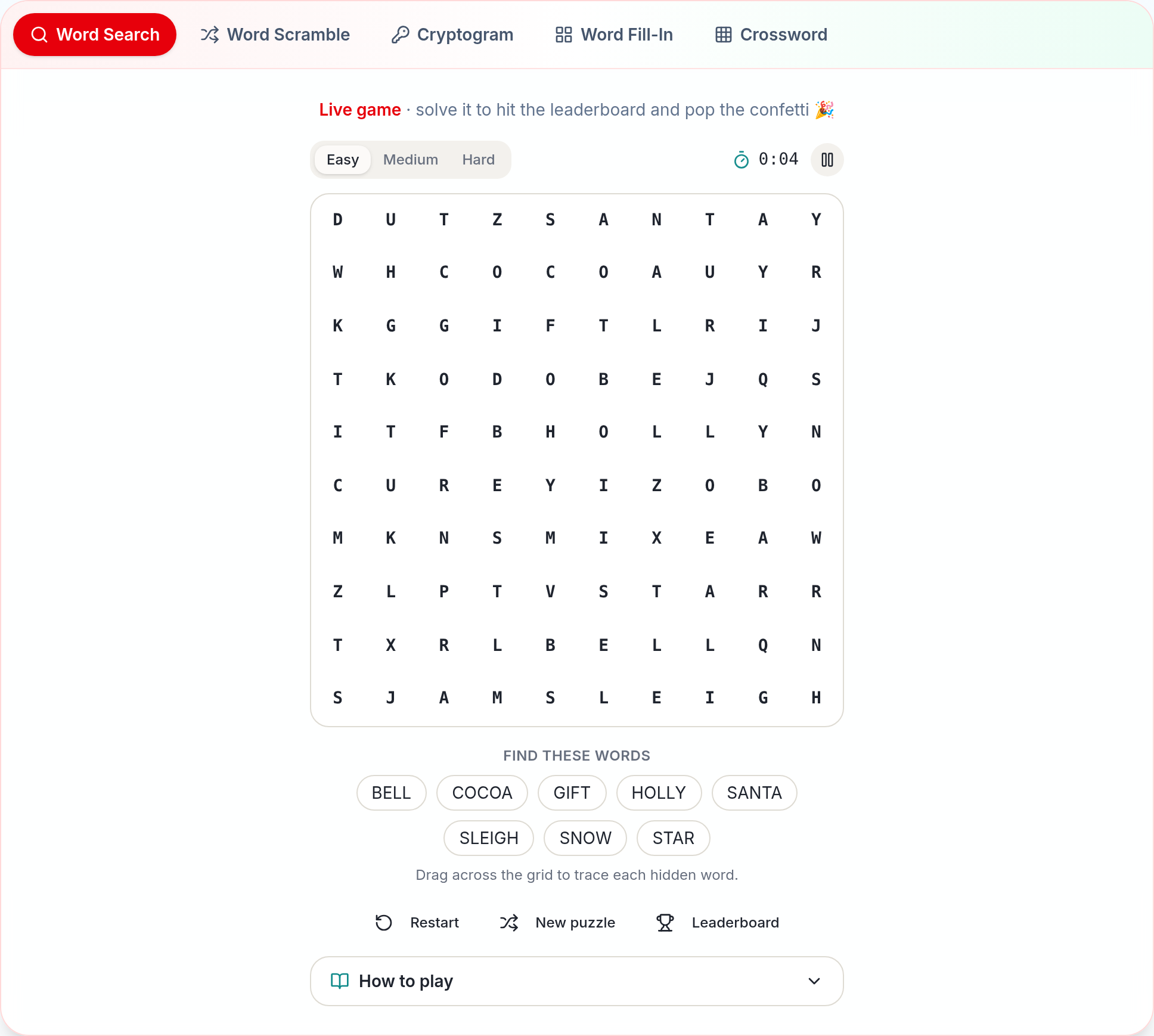 christmas in july word search played live in the free PuzzlePage festive playground