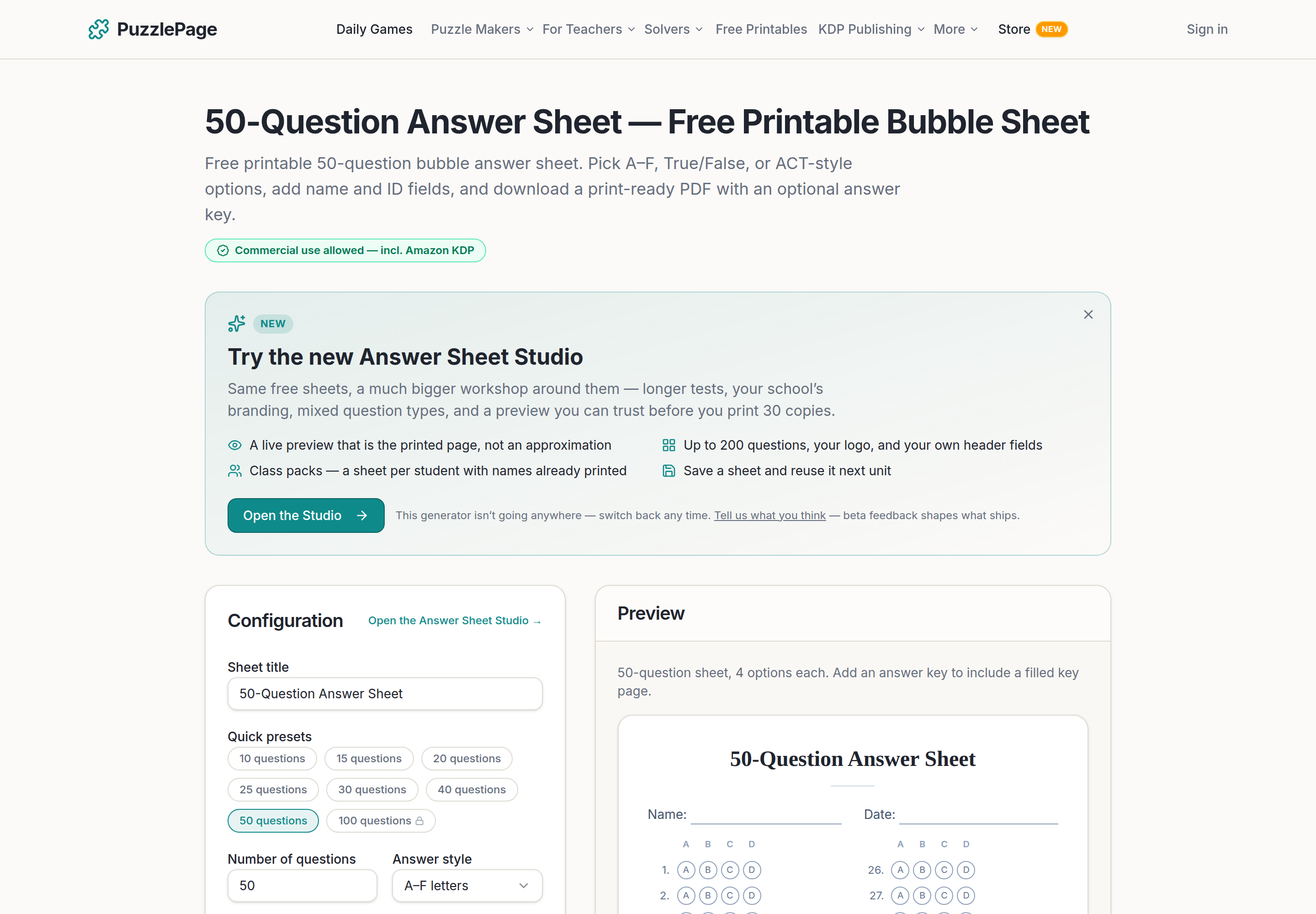 Free 50-question printable bubble sheet template page from the PuzzlePage bubble sheet generator