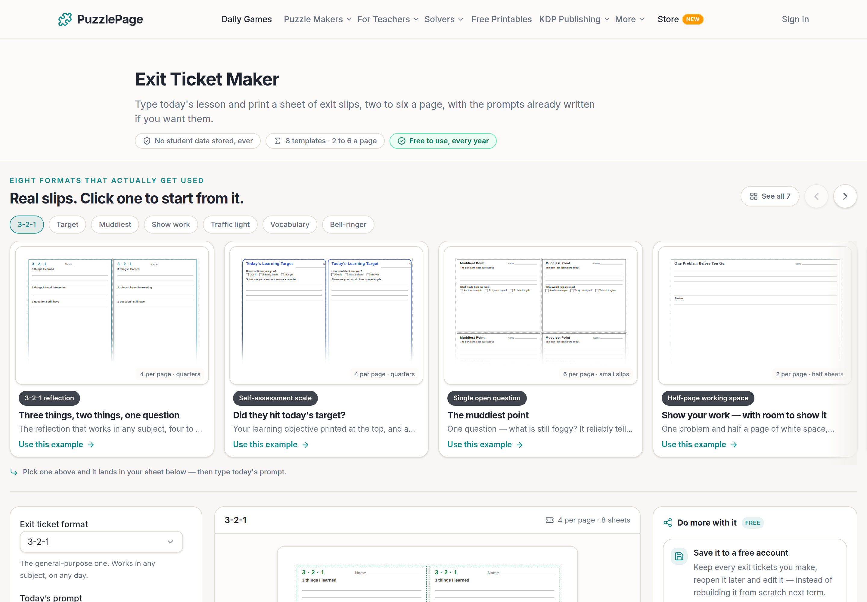 PuzzlePage exit ticket maker with the exit ticket template picker, prompt box and slips-per-page setting
