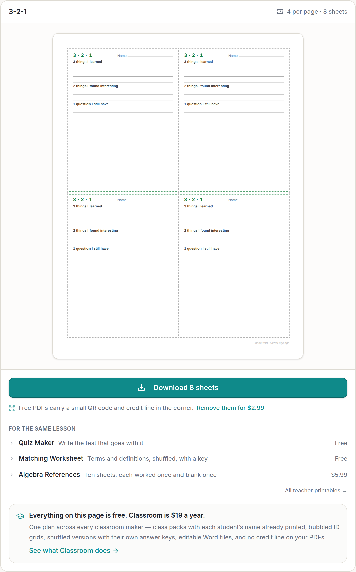 Printed exit ticket template preview from the exit ticket maker, four 3-2-1 slips on one page