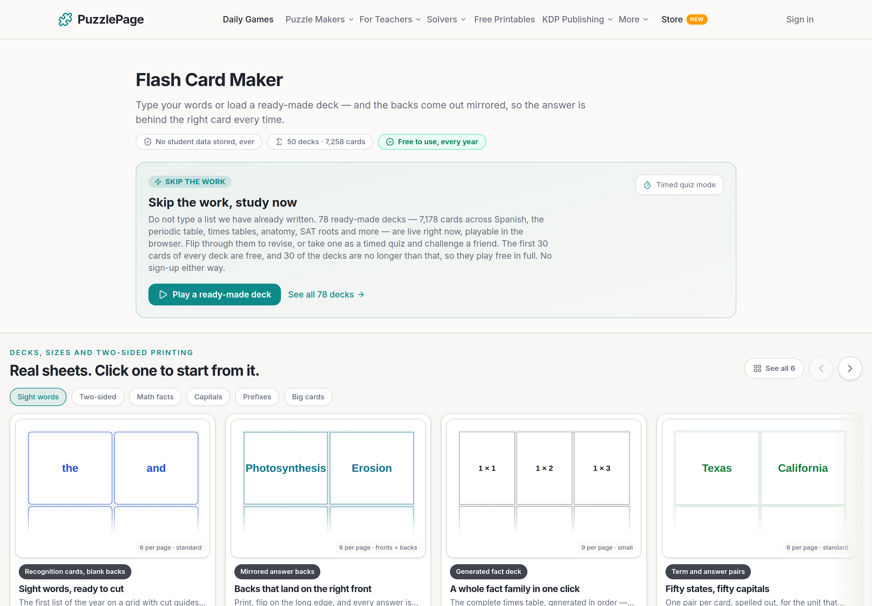 PuzzlePage printable flash cards maker with a typed deck, cards per page and mirrored backs setting