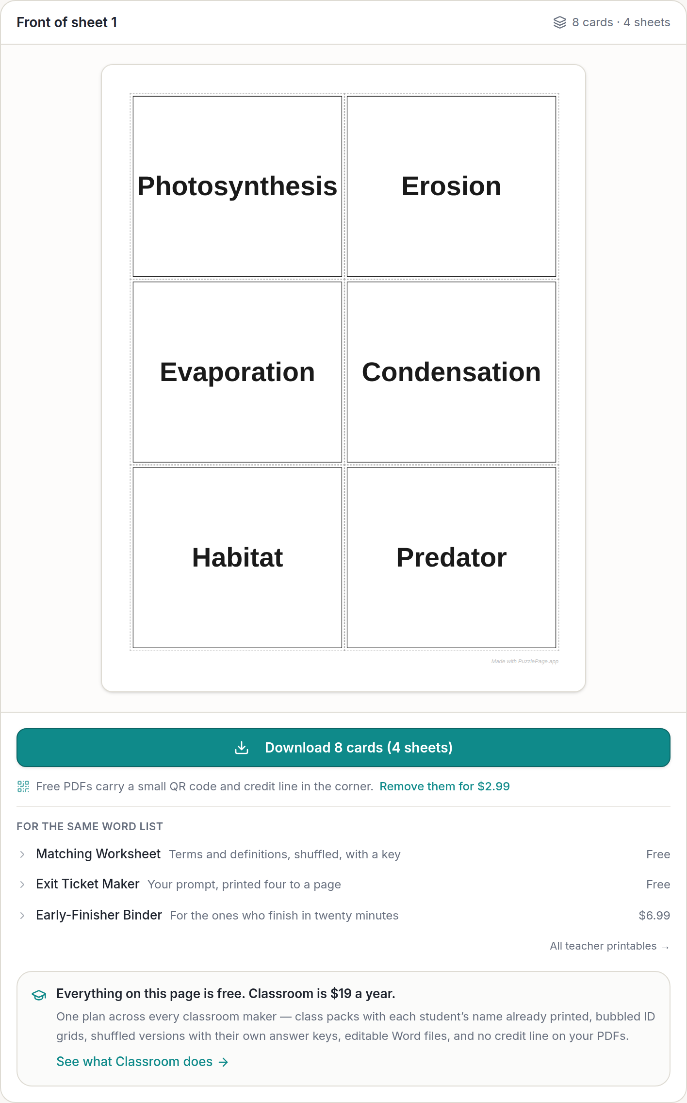 Printable flash cards maker preview of a six-per-page sheet with dashed cut guides