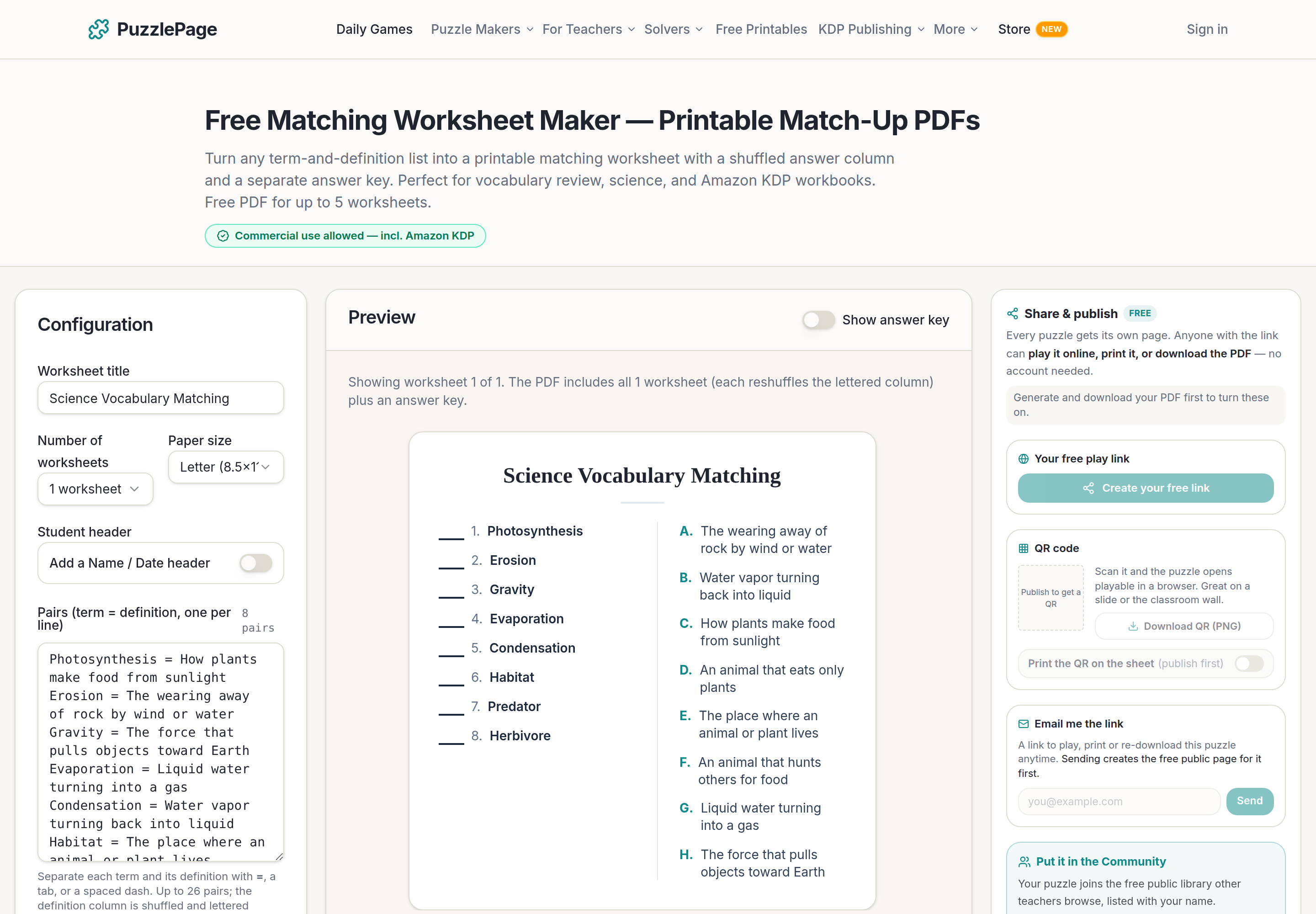 PuzzlePage matching worksheet maker with term and definition pairs typed one per line