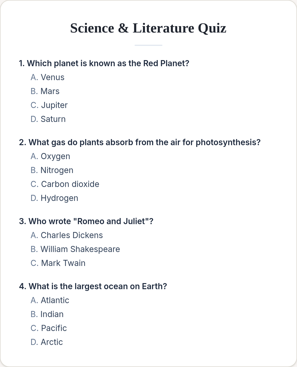 Printable quiz preview from the free quiz maker with answer key toggle switched on